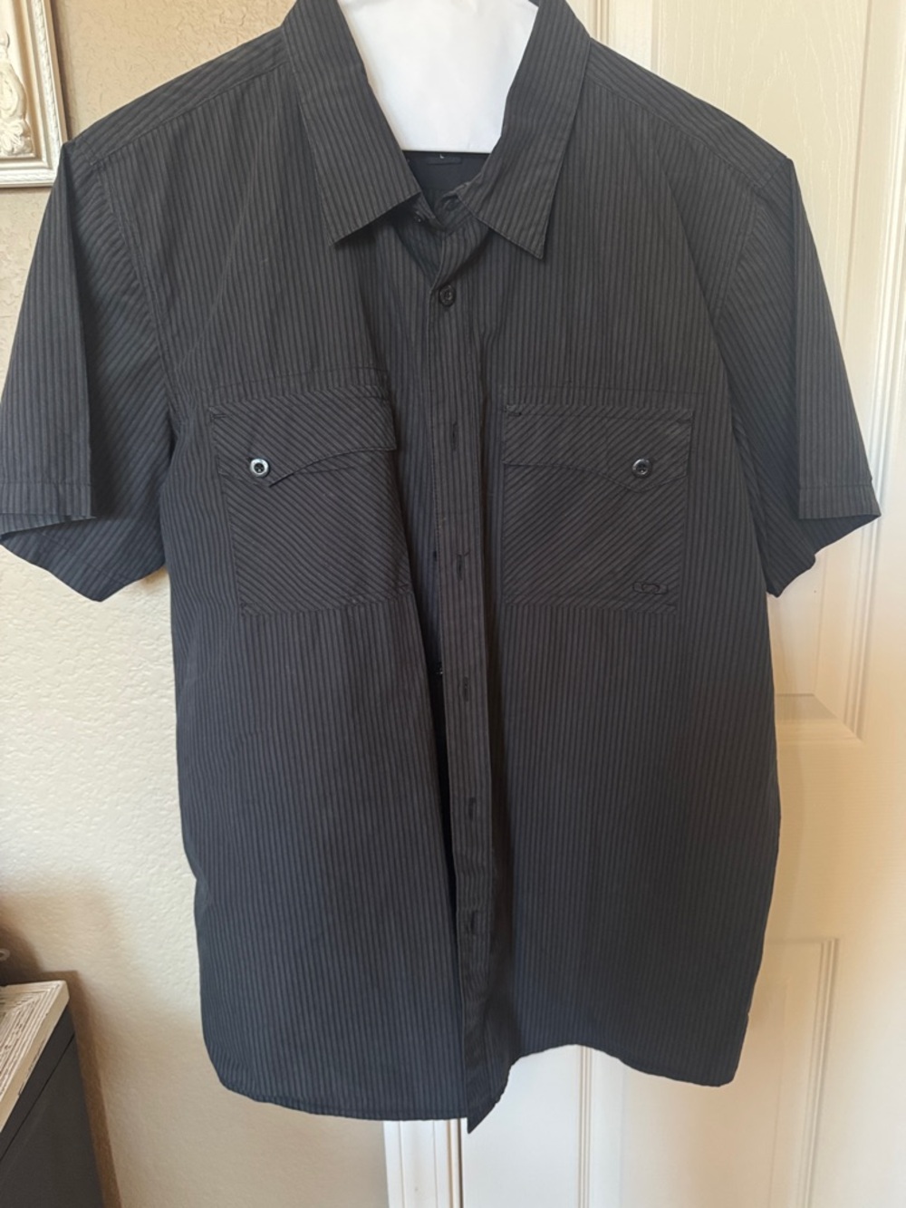 Oakley Men's Short-Sleeve Black Pinstripe Button-Down Shirt